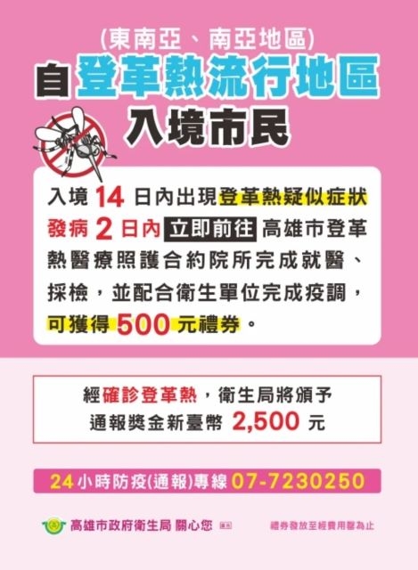 高雄市登革熱境外移入確診個案+1 透由旅行團健康監測即時主動發現 山陀兒颱風即將來襲，請市民做好防颱準備，籲請雨後48小時落實「巡、倒、清、刷」清除積水容器，避免孳生病媒蚊