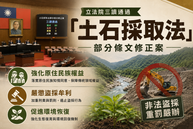 立法院三讀通過「土石採取法」部分條文修正案　強化原住民族權益、嚴懲盜採牟利、促進環境恢復